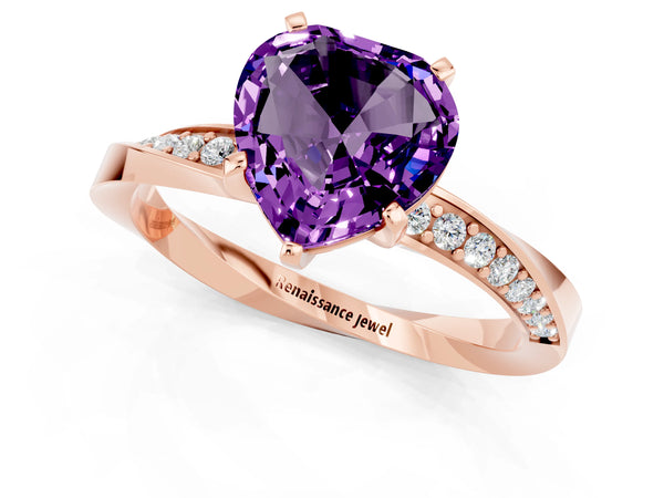 Rose gold Heart Cut Amethyst Engagement Ring with Side Stone Accents and Four-Prong Setting