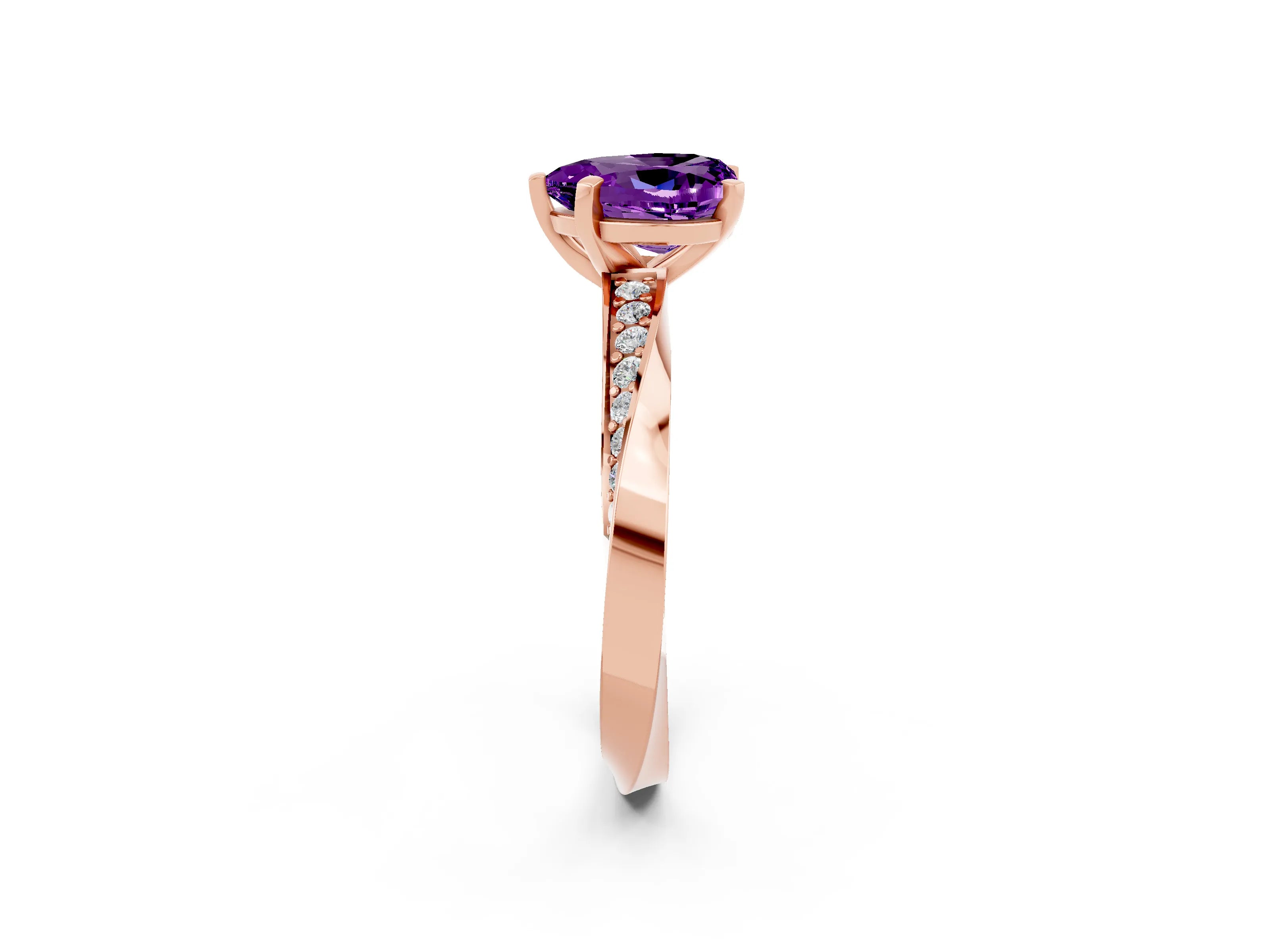 Rose gold Heart Cut Amethyst Engagement Ring with Side Stone Accents and Four-Prong Setting_26