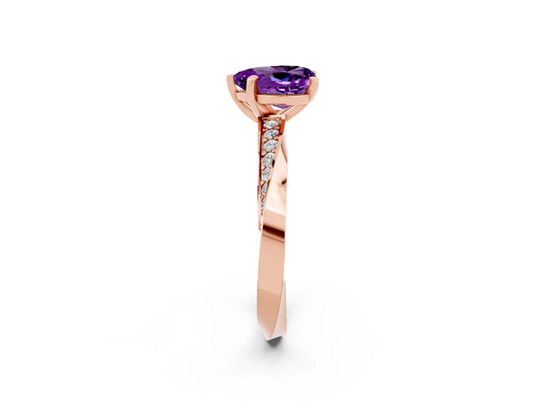 Rose gold Heart Cut Amethyst Engagement Ring with Side Stone Accents and Four-Prong Setting