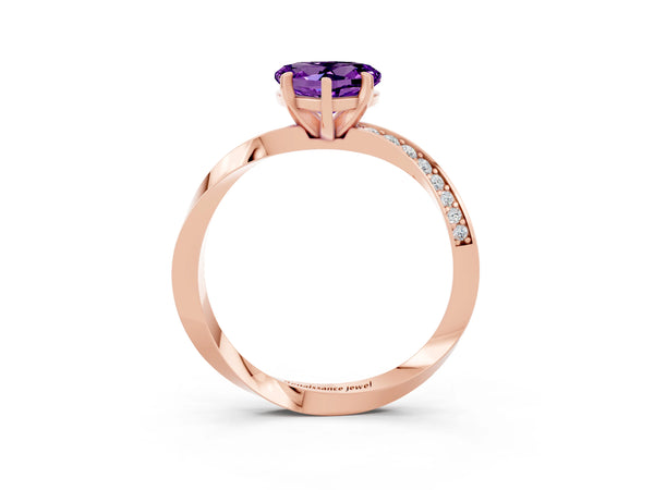 Rose gold Heart Cut Amethyst Engagement Ring with Side Stone Accents and Four-Prong Setting