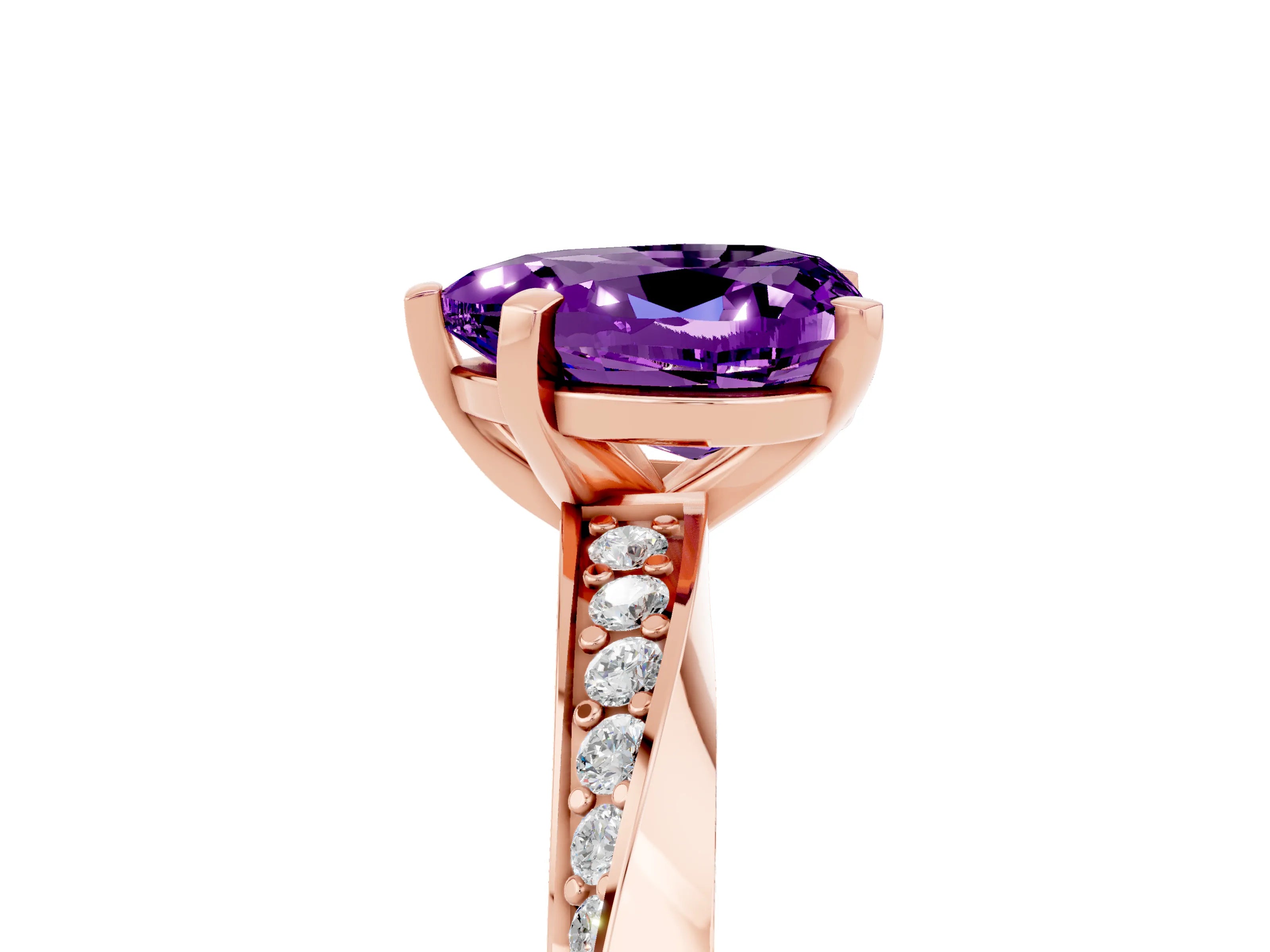 Rose gold Heart Cut Amethyst Engagement Ring with Side Stone Accents and Four-Prong Setting_29