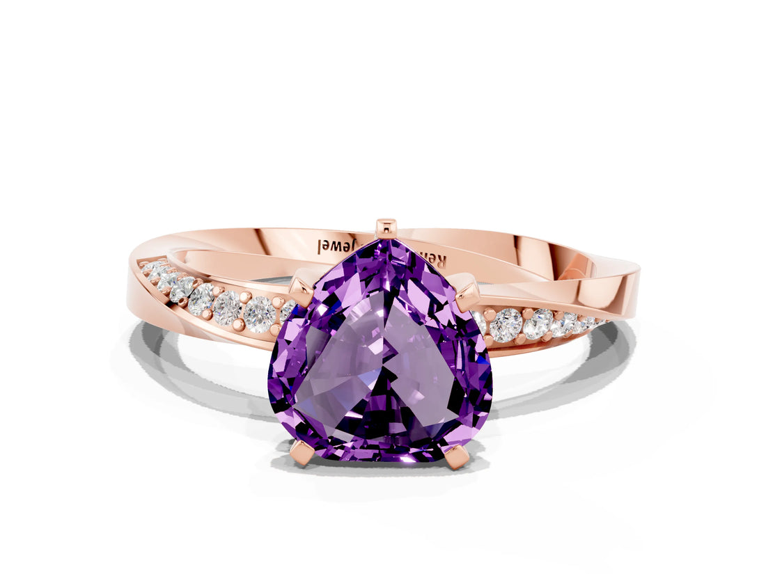 Rose gold Heart Cut Amethyst Engagement Ring with Side Stone Accents and Four-Prong Setting_60