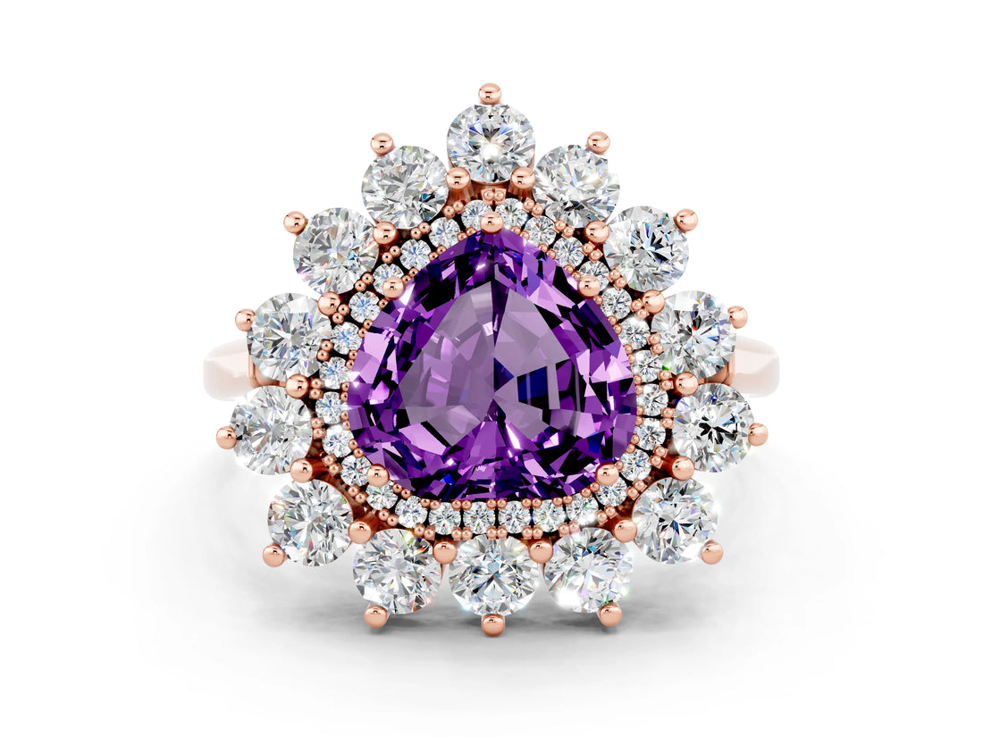 Rose gold Heart Cut Amethyst Floral Double Halo Engagement Ring with Prong Setting_72
