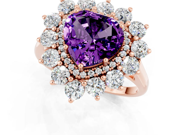 Rose gold Heart Cut Amethyst Floral Double Halo Engagement Ring with Prong Setting