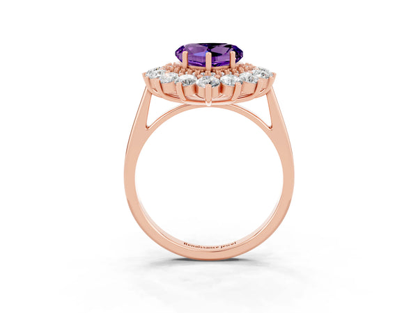 Rose gold Heart Cut Amethyst Floral Double Halo Engagement Ring with Prong Setting