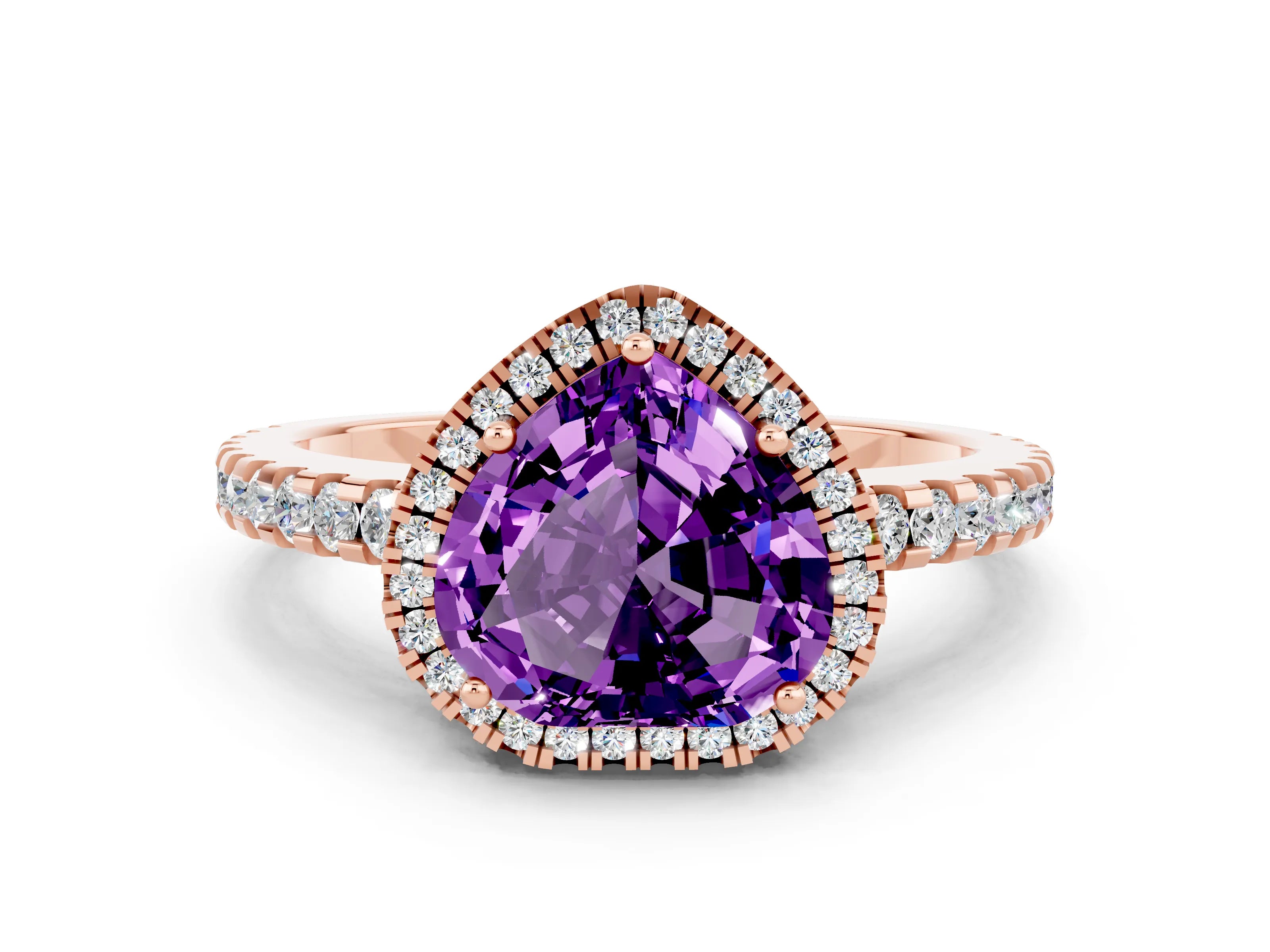 Rose gold Heart Cut Amethyst Halo Engagement Ring with Pavé Band and Prong Setting_12