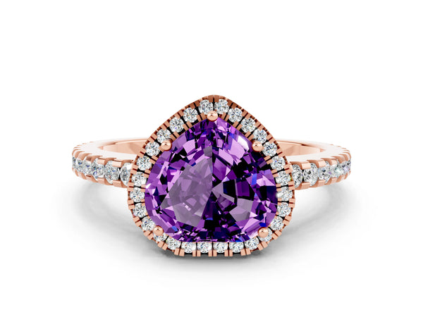 Rose gold Heart Cut Amethyst Halo Engagement Ring with Pavé Band and Prong Setting