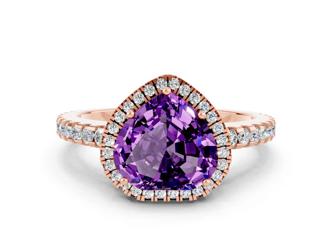 Rose gold Heart Cut Amethyst Halo Engagement Ring with Pavé Band and Prong Setting_12