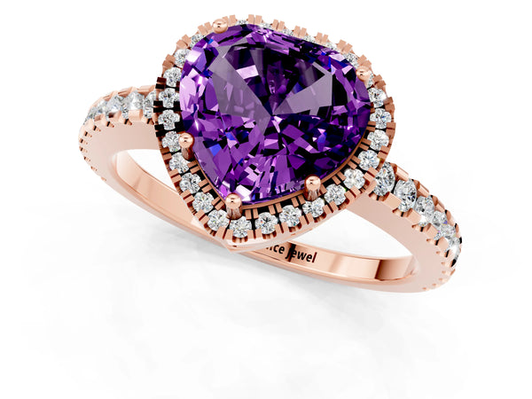Rose gold Heart Cut Amethyst Halo Engagement Ring with Pavé Band and Prong Setting