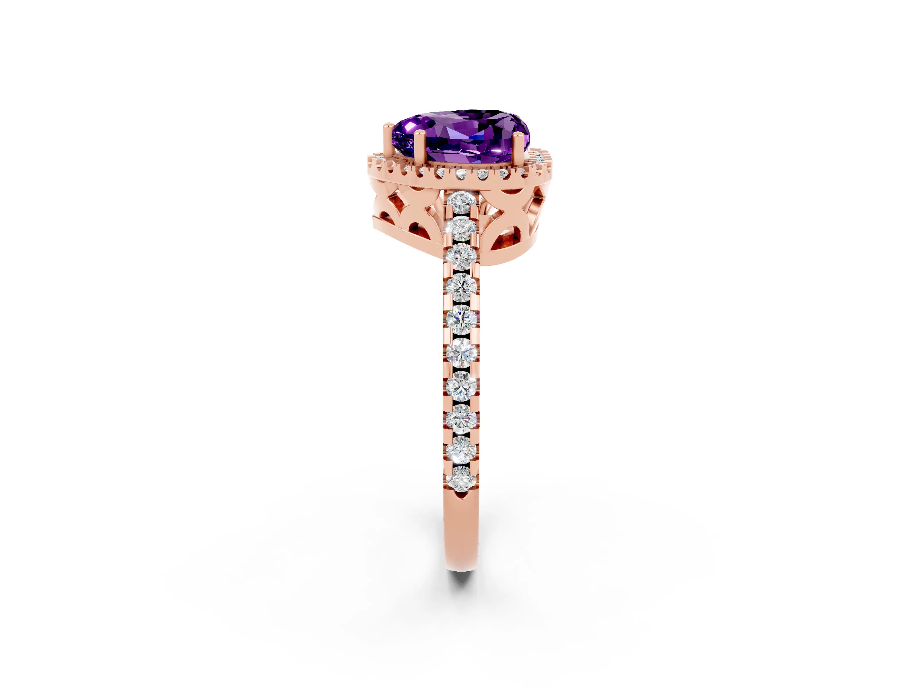 Rose gold Heart Cut Amethyst Halo Engagement Ring with Pavé Band and Prong Setting_14