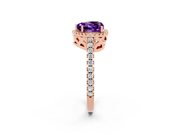 Rose gold Heart Cut Amethyst Halo Engagement Ring with Pavé Band and Prong Setting