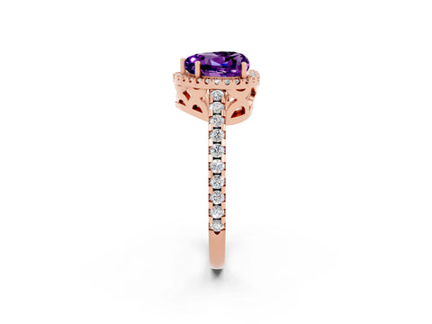 Rose gold Heart Cut Amethyst Halo Engagement Ring with Pavé Band and Prong Setting_14