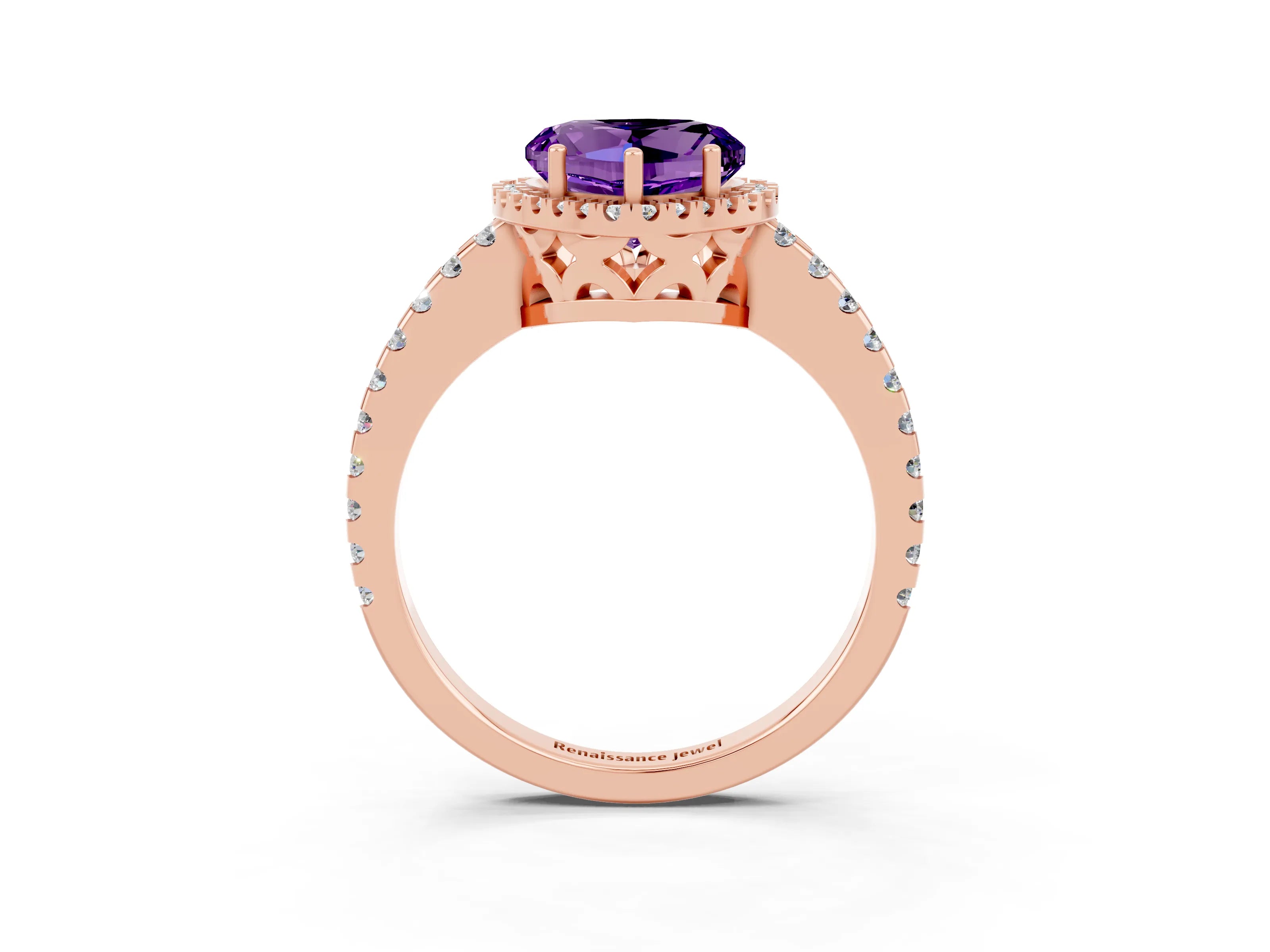 Rose gold Heart Cut Amethyst Halo Engagement Ring with Pavé Band and Prong Setting_15