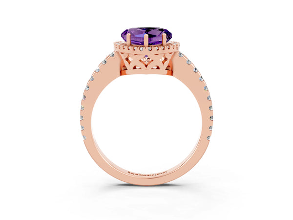 Rose gold Heart Cut Amethyst Halo Engagement Ring with Pavé Band and Prong Setting