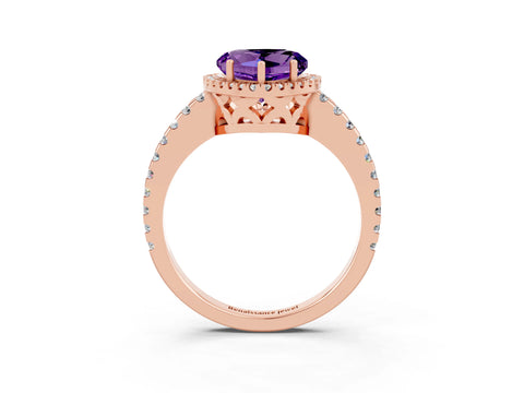 Rose gold Heart Cut Amethyst Halo Engagement Ring with Pavé Band and Prong Setting_15