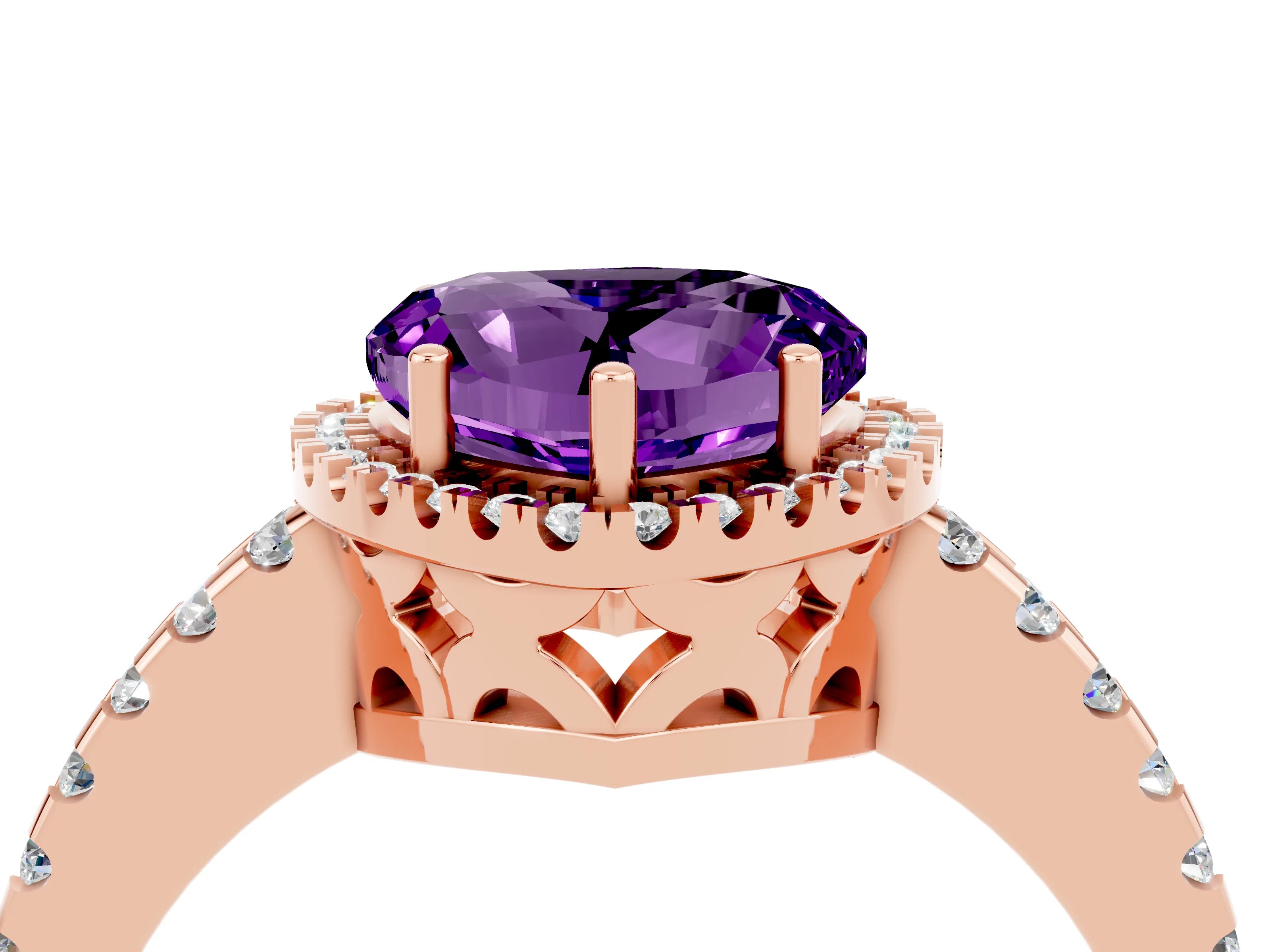 Rose gold Heart Cut Amethyst Halo Engagement Ring with Pavé Band and Prong Setting_16