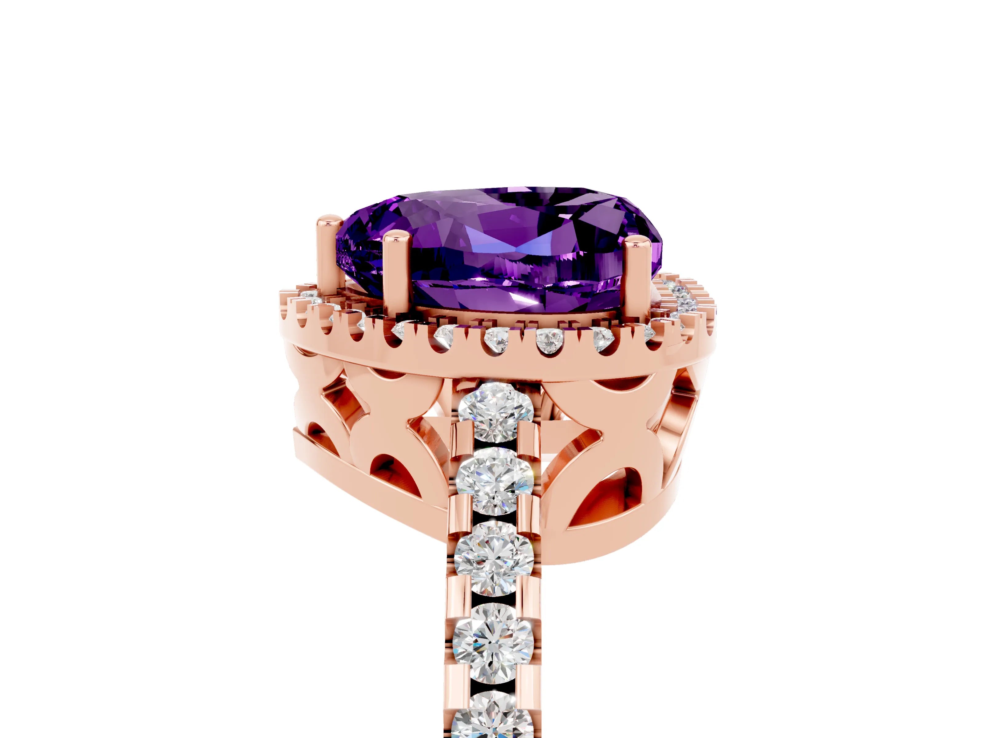 Rose gold Heart Cut Amethyst Halo Engagement Ring with Pavé Band and Prong Setting_17