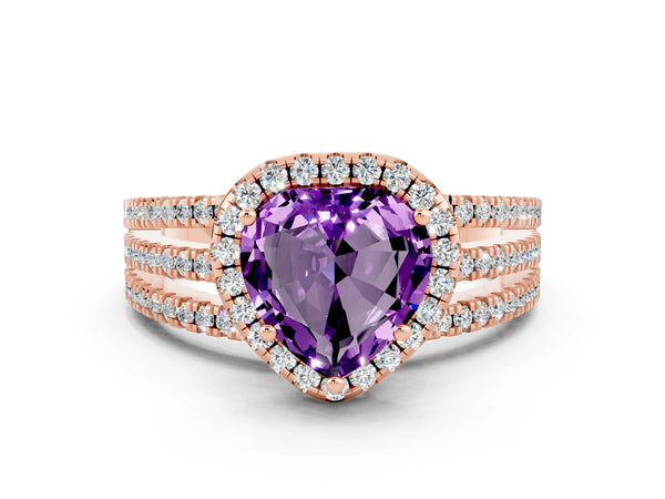 Rose gold Heart Cut Amethyst Halo Engagement Ring with Split Shank and Four-Prong Setting
