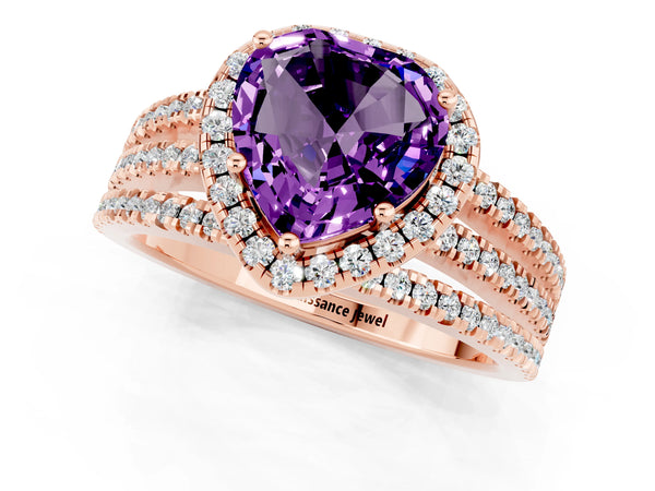 Rose gold Heart Cut Amethyst Halo Engagement Ring with Split Shank and Four-Prong Setting