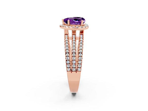 Rose gold Heart Cut Amethyst Halo Engagement Ring with Split Shank and Four-Prong Setting