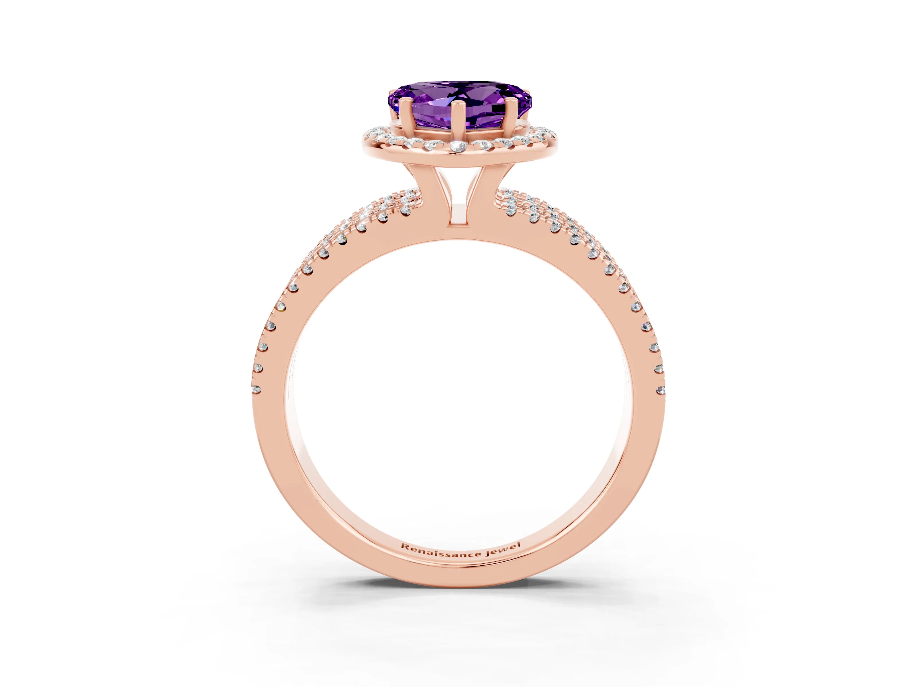 Rose gold Heart Cut Amethyst Halo Engagement Ring with Split Shank and Four-Prong Setting_3