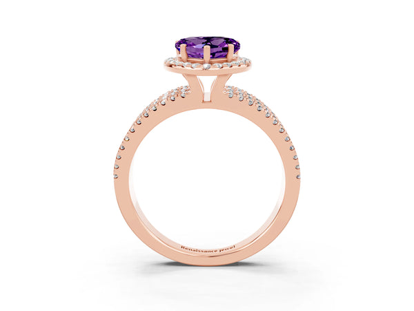 Rose gold Heart Cut Amethyst Halo Engagement Ring with Split Shank and Four-Prong Setting