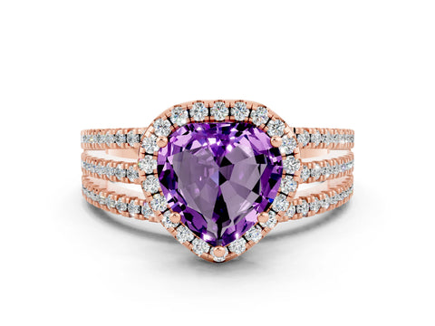 Rose gold Heart Cut Amethyst Halo Engagement Ring with Split Shank and Four-Prong Setting
