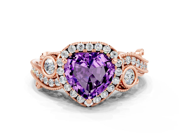 Rose gold Heart Cut Amethyst Halo Ring with Milgrain Pavé Band and Four-Prong Setting