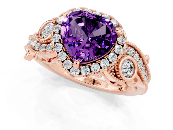 Rose gold Heart Cut Amethyst Halo Ring with Milgrain Pavé Band and Four-Prong Setting