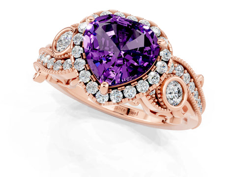 Rose gold Heart Cut Amethyst Halo Ring with Milgrain Pavé Band and Four-Prong Setting_13