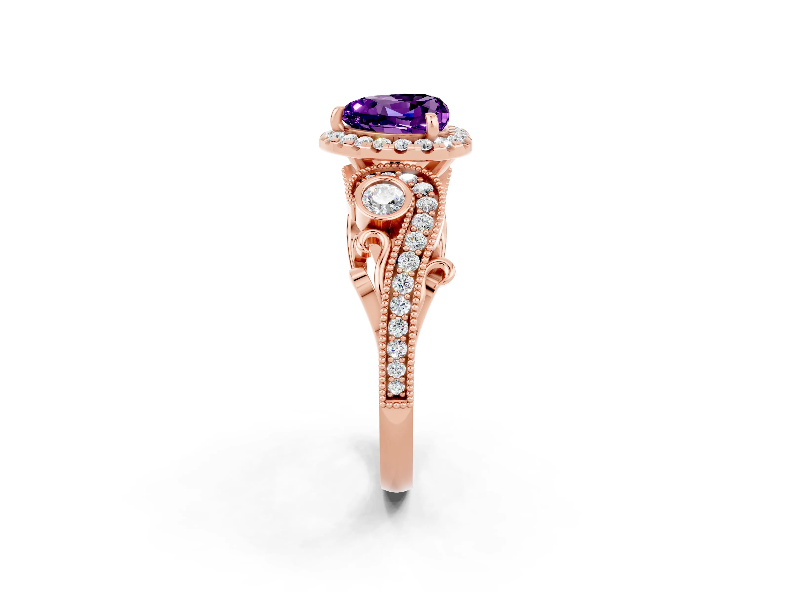 Rose gold Heart Cut Amethyst Halo Ring with Milgrain Pavé Band and Four-Prong Setting_14