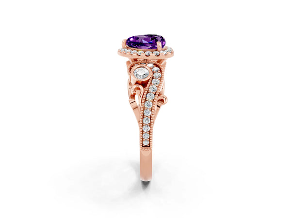 Rose gold Heart Cut Amethyst Halo Ring with Milgrain Pavé Band and Four-Prong Setting