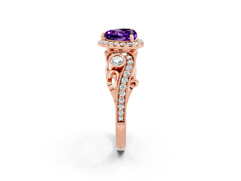 Rose gold Heart Cut Amethyst Halo Ring with Milgrain Pavé Band and Four-Prong Setting_14
