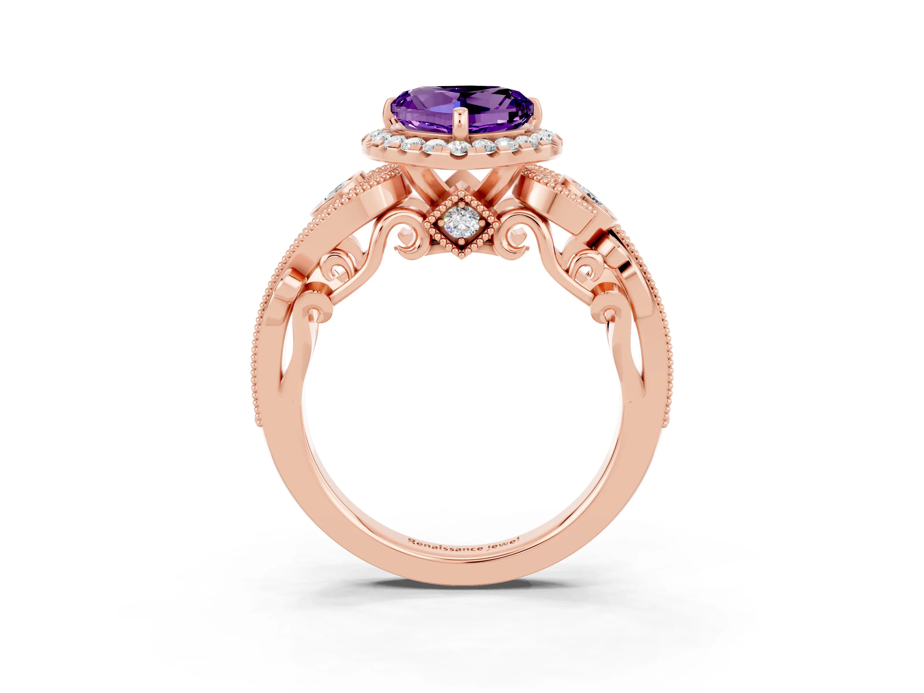 Rose gold Heart Cut Amethyst Halo Ring with Milgrain Pavé Band and Four-Prong Setting_15