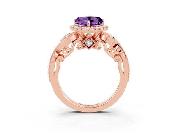 Rose gold Heart Cut Amethyst Halo Ring with Milgrain Pavé Band and Four-Prong Setting