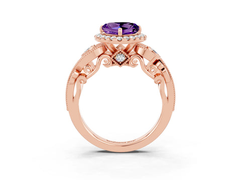 Rose gold Heart Cut Amethyst Halo Ring with Milgrain Pavé Band and Four-Prong Setting_15