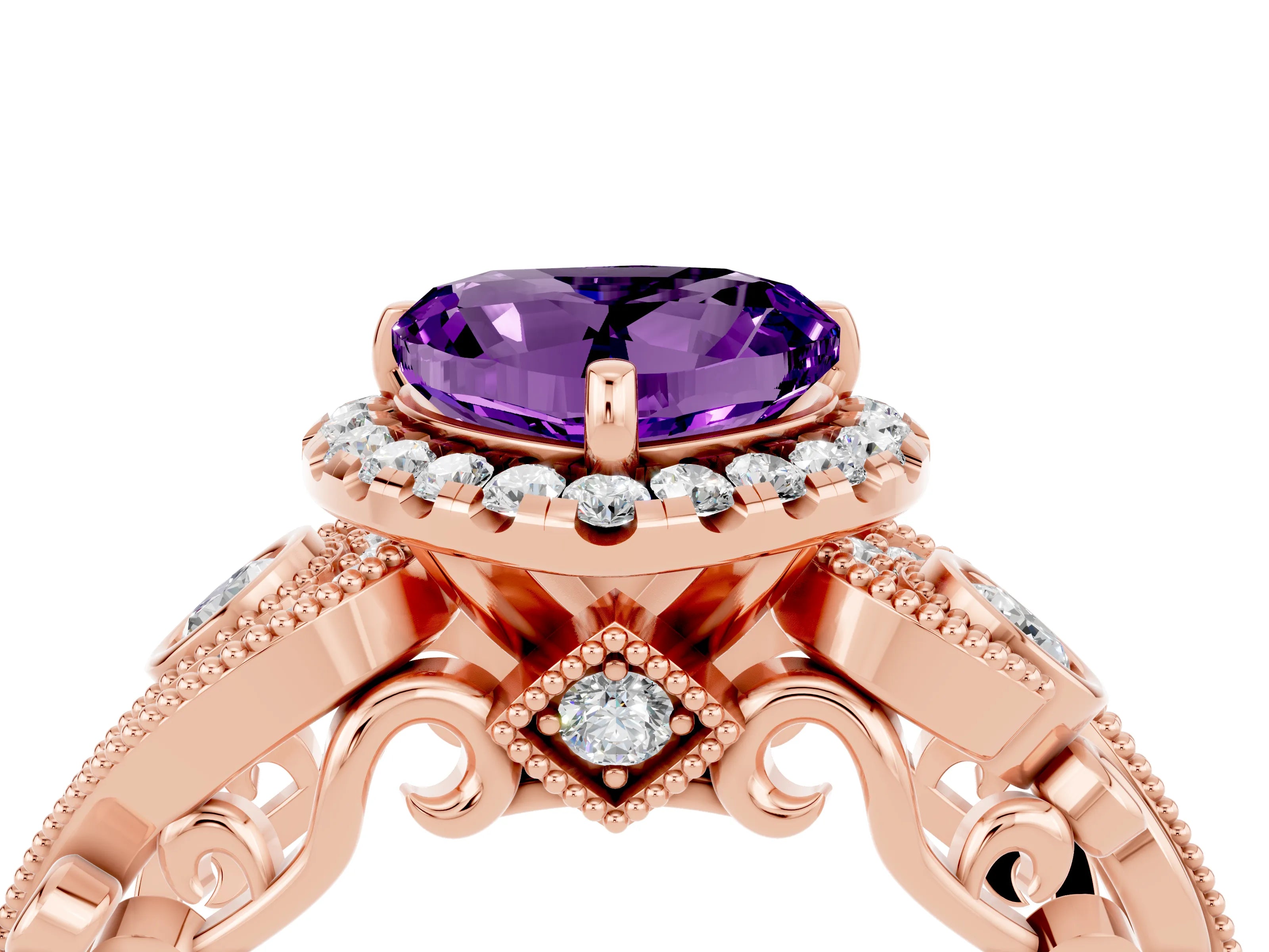 Rose gold Heart Cut Amethyst Halo Ring with Milgrain Pavé Band and Four-Prong Setting_16
