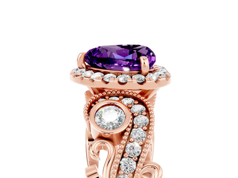 Rose gold Heart Cut Amethyst Halo Ring with Milgrain Pavé Band and Four-Prong Setting_17
