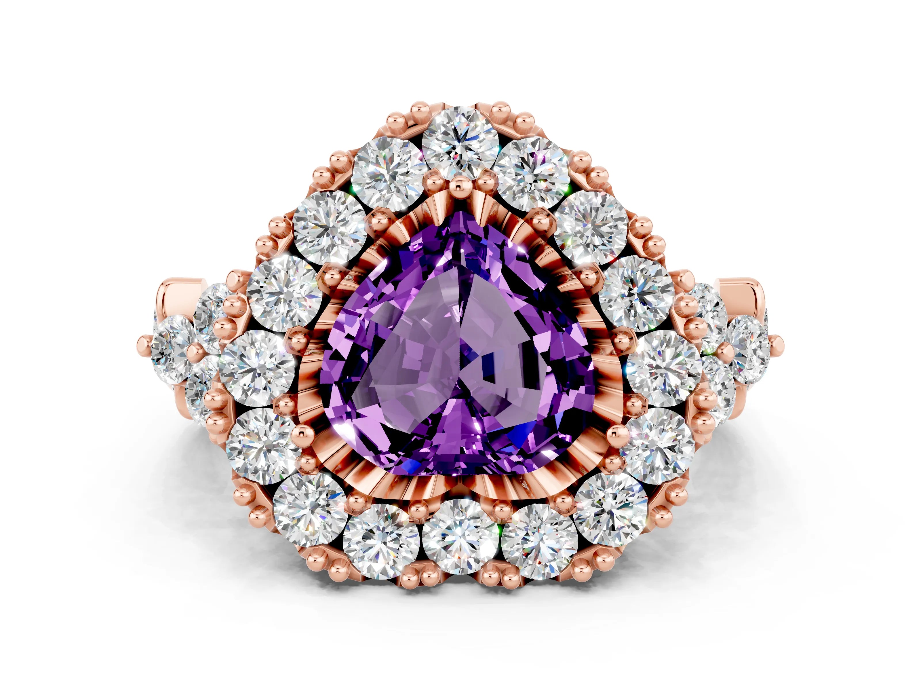 Rose gold Heart Cut Amethyst Halo Ring with Pavé Band and Four-Prong Setting_12