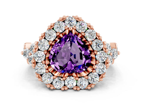 Rose gold Heart Cut Amethyst Halo Ring with Pavé Band and Four-Prong Setting_12