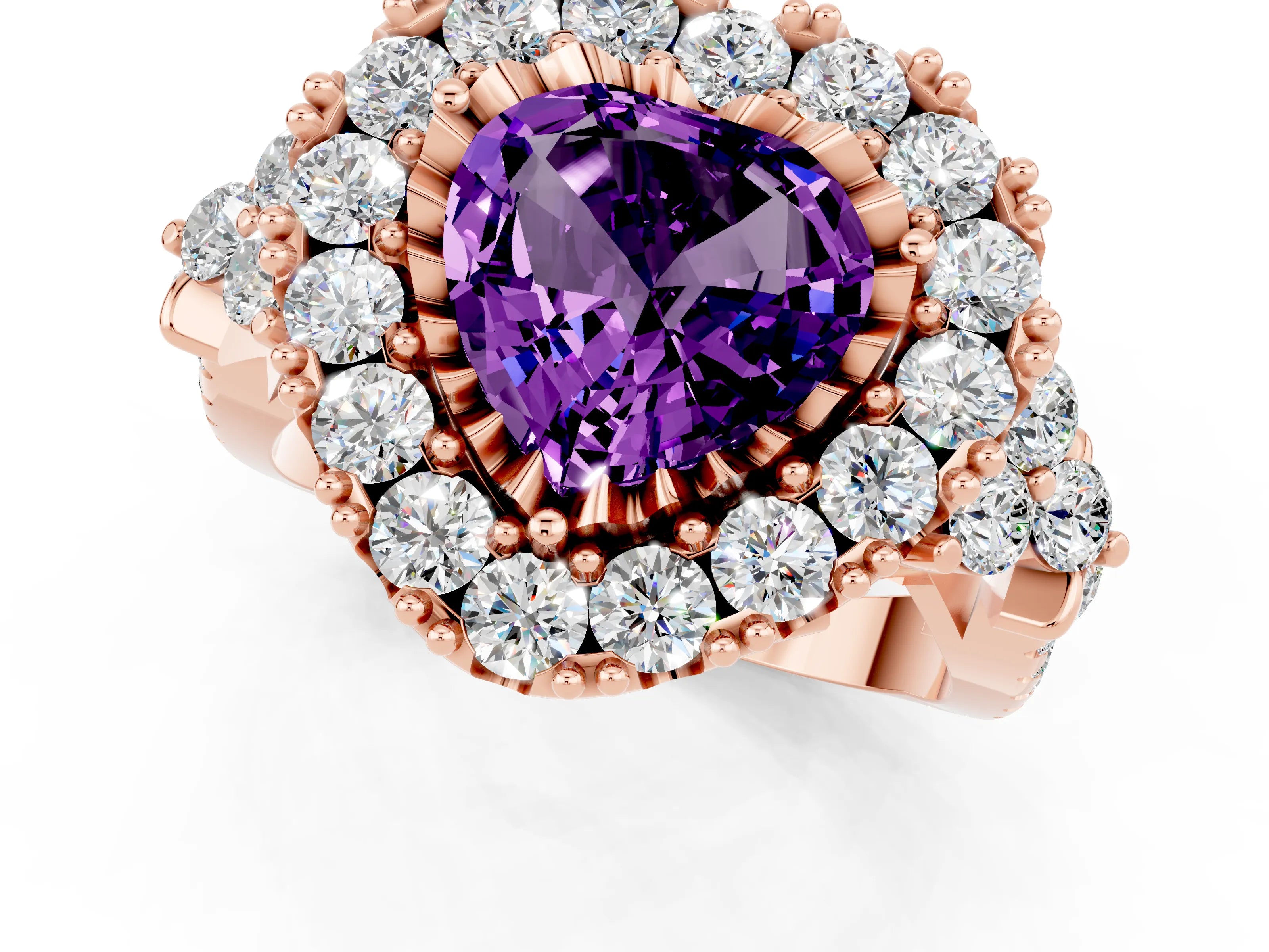 Rose gold Heart Cut Amethyst Halo Ring with Pavé Band and Four-Prong Setting_13