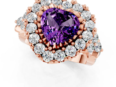 Rose gold Heart Cut Amethyst Halo Ring with Pavé Band and Four-Prong Setting_13