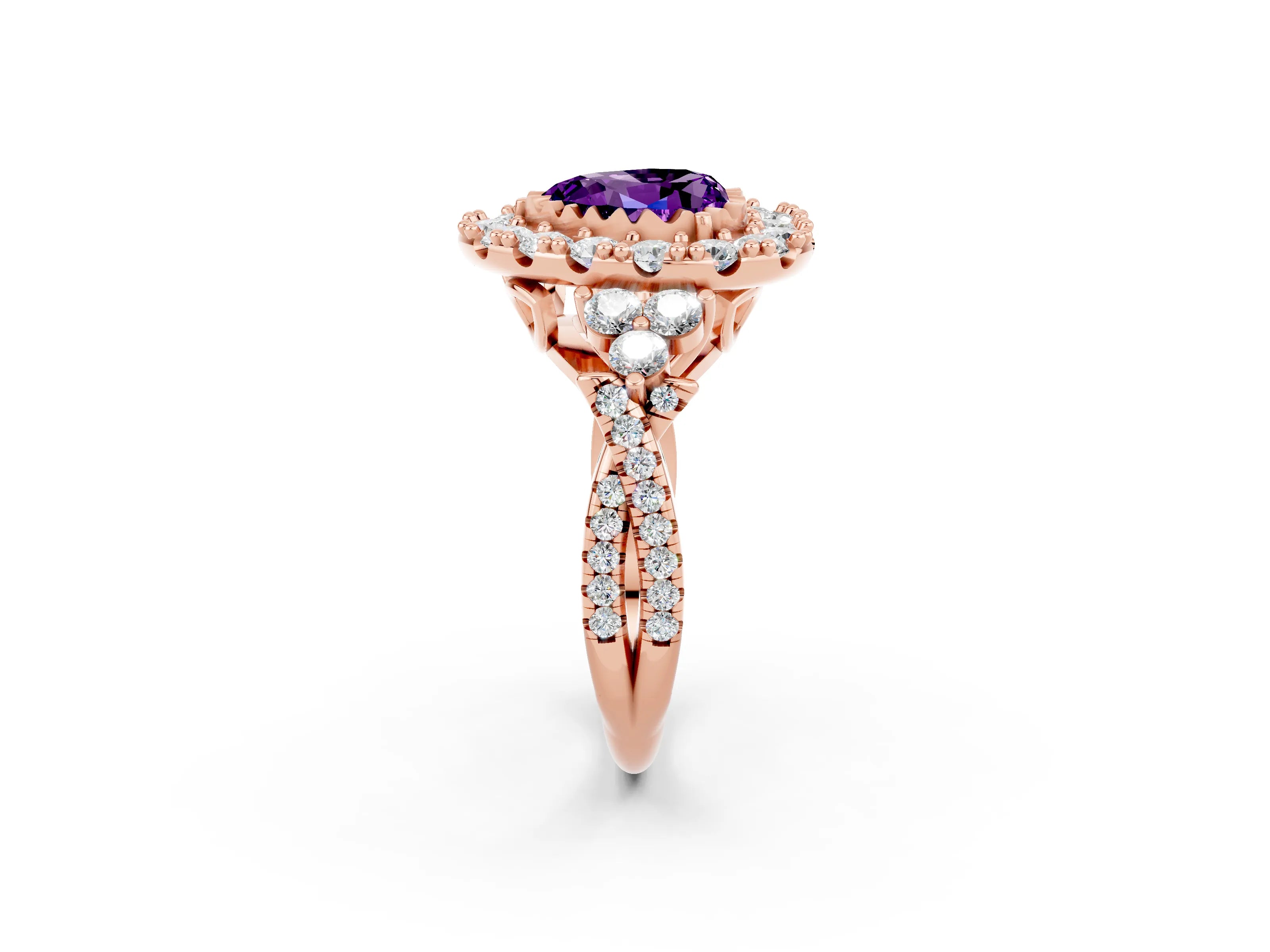Rose gold Heart Cut Amethyst Halo Ring with Pavé Band and Four-Prong Setting_14
