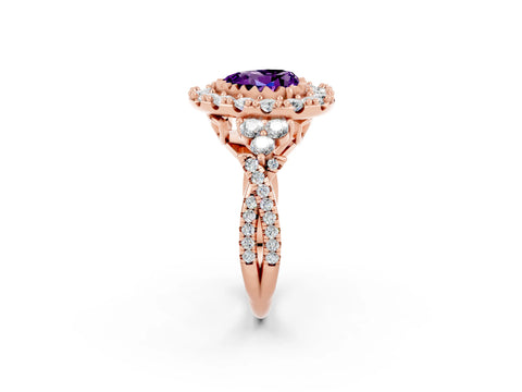 Rose gold Heart Cut Amethyst Halo Ring with Pavé Band and Four-Prong Setting_14