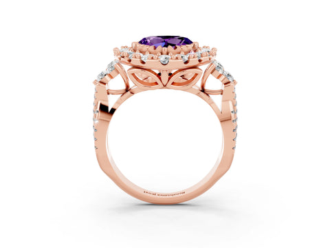 Rose gold Heart Cut Amethyst Halo Ring with Pavé Band and Four-Prong Setting_15