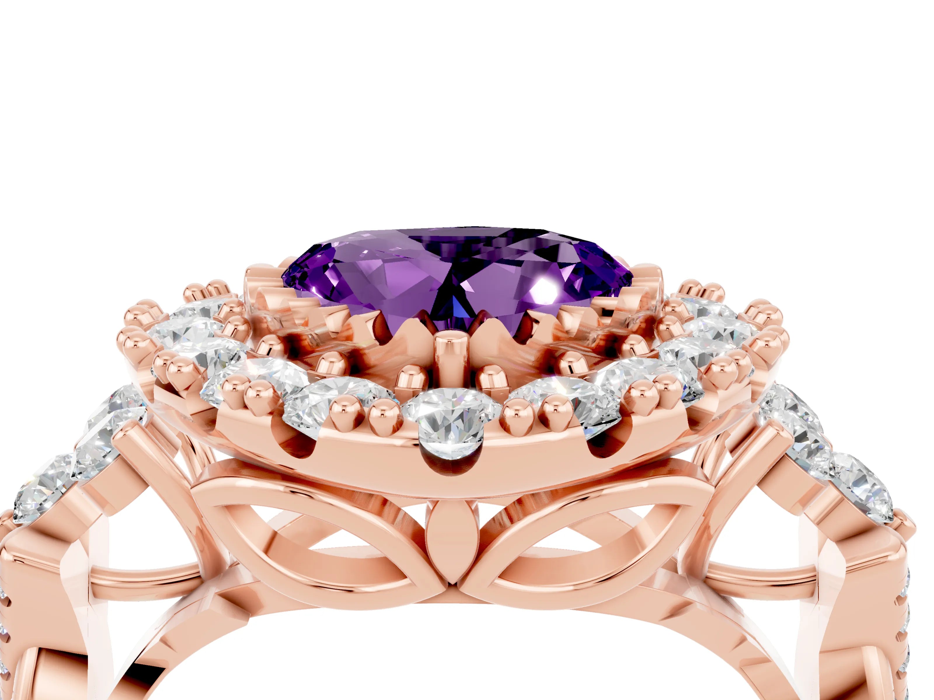 Rose gold Heart Cut Amethyst Halo Ring with Pavé Band and Four-Prong Setting_16