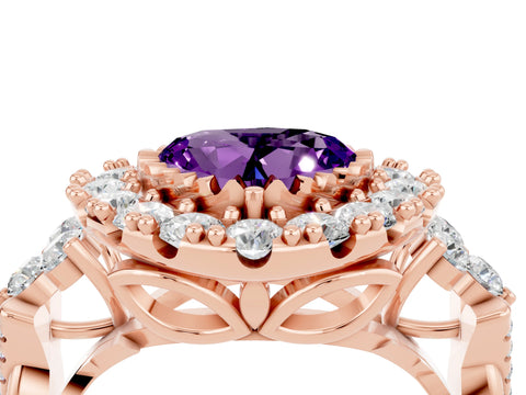 Rose gold Heart Cut Amethyst Halo Ring with Pavé Band and Four-Prong Setting_16