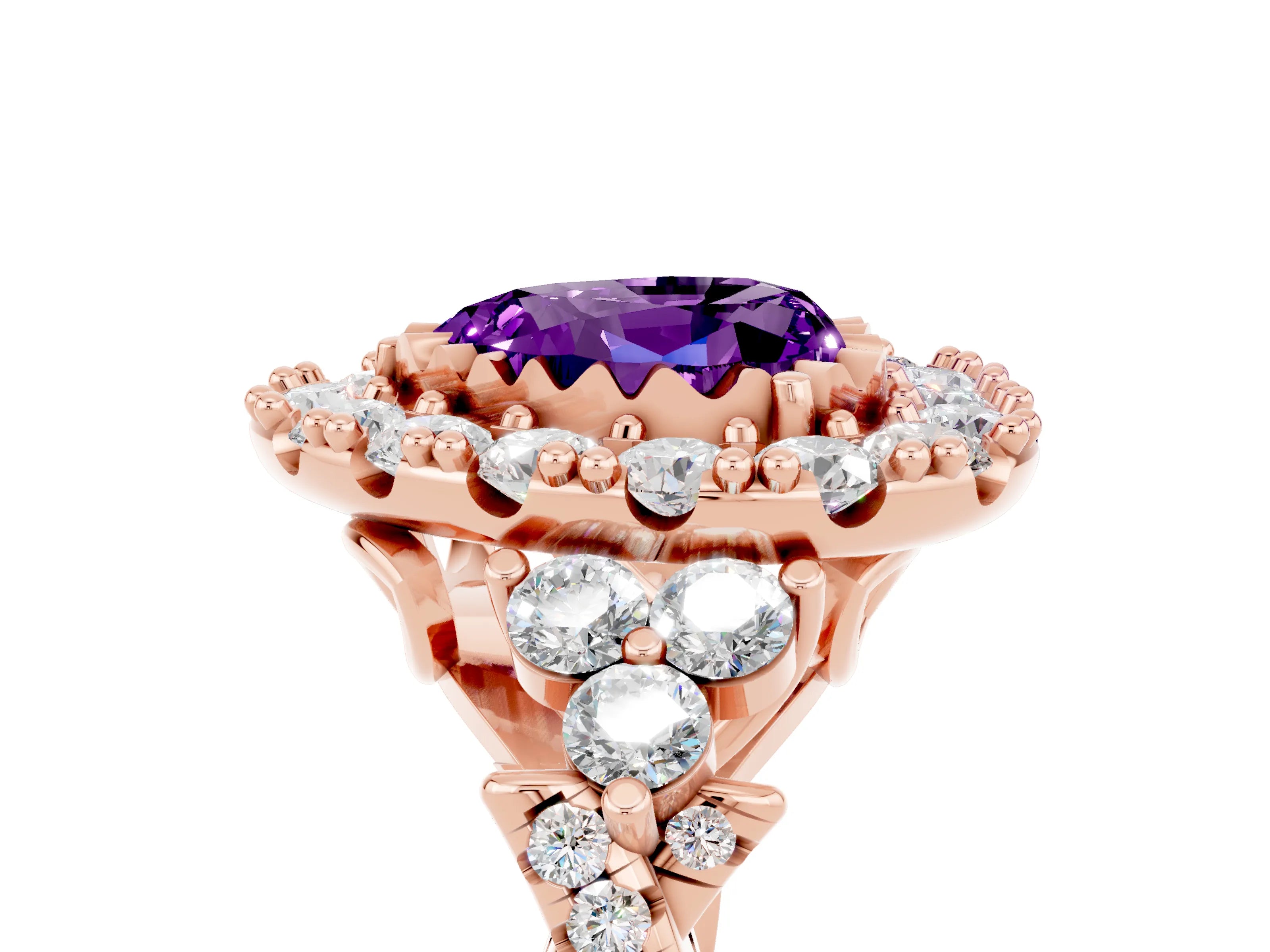 Rose gold Heart Cut Amethyst Halo Ring with Pavé Band and Four-Prong Setting_17
