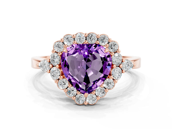 Rose gold Heart Cut Amethyst Halo Ring with Pear Side Stones and Prong Setting