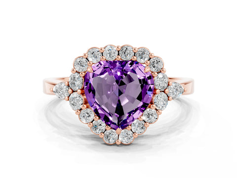 Rose gold Heart Cut Amethyst Halo Ring with Pear Side Stones and Prong Setting_12
